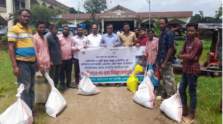 মৌলভীবাজারের বন্যায় ক্ষতিগ্রস্ত খামারিদের মাঝে গবাদি পশুর গো-খাদ্য সামগ্রী বিতরণ