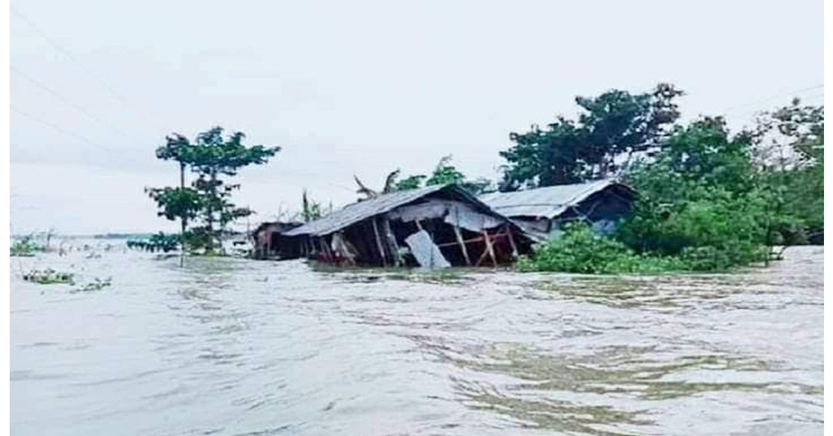 বন্যায় প্লাবিত শিবগঞ্জ বিপদসীমার উপর দিয়ে বইছে পানি তলিয়ে গেছে ঘরবাড়ি