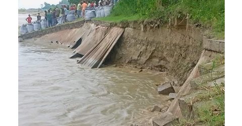 সিরাজগঞ্জ কাজিপুরে যমুনা নদীর তীরে সংরক্ষণ কাজের ৭০ মিটার নদী গর্ভে বিলীন হয়েছে