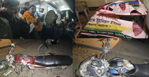 বড়াইগ্রামে বিএনপির দুই গ্রুপের সংঘর্ষে মোটরসাইকেল ও বাস কাউন্টার ভাঙচুর