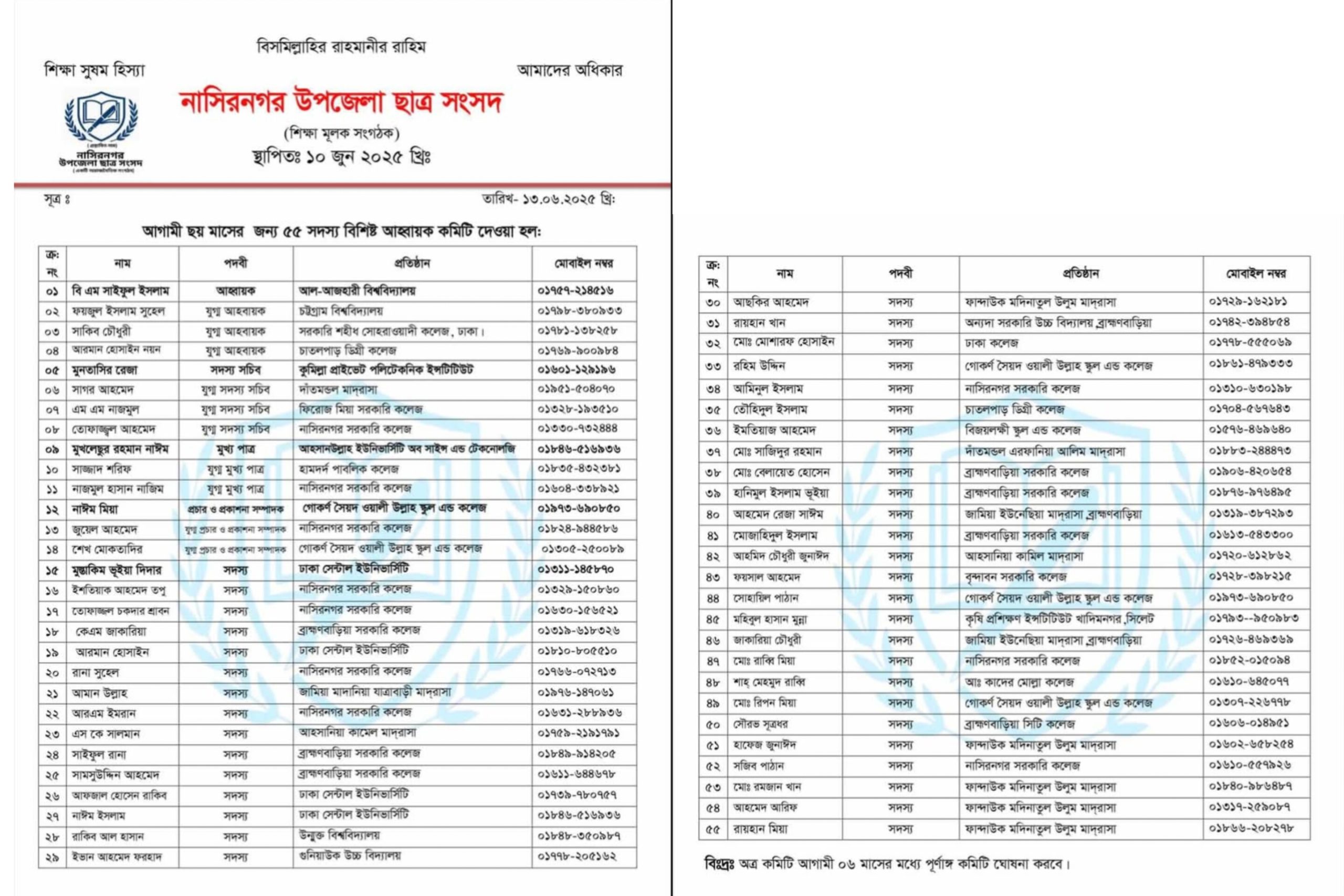 শিক্ষার অধিকার ও মাদকমুক্ত সমাজ গড়ার প্রত্যয়ে নাসিরনগরে নতুন ছাত্র সংগঠনের আত্মপ্রকাশ ও আহ্বায়ক কমিটি ঘোষণা