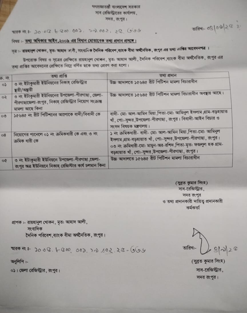 নিকাহ্ রেজিষ্ট্রার  বিরুদ্ধে হাইকোর্টের কার্যক্রম বন্ধের আদেশ থাকা সত্তেও কোন আদেশের বলে কার্যক্রম চলমান