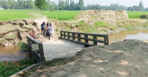 উলিপুরে দেবে যাওয়া ব্রিজে ঝুকি নিয়ে চলাচল
